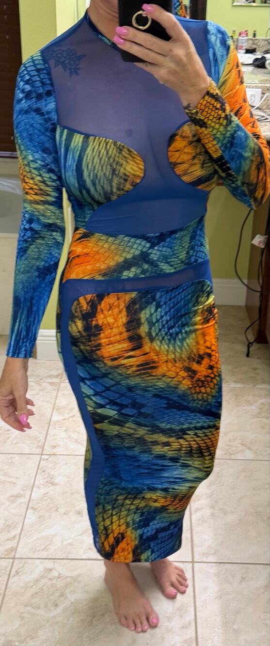 BodyCon long-sleeve maxi dress coral reef fish scale print sheer mesh med